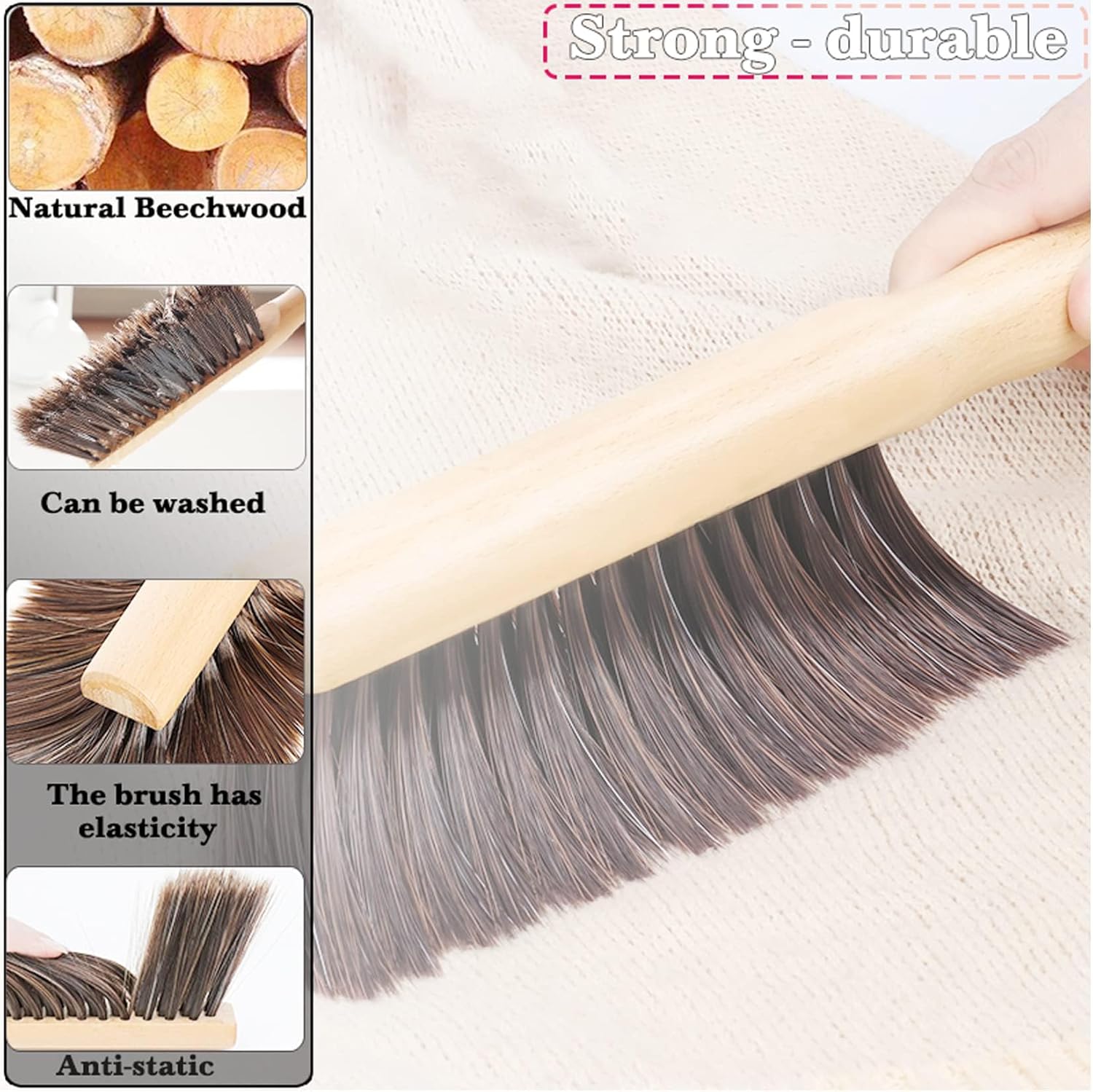 2Pcs Hand Broom Brush Set – Soft Bristles Dusting Brush for Cleaning Counter, Bed, Sofa, Furniture, Woodworking, Car – 12-inch Foxtail Bench Brush with Round Handle, Beech Wood (5 Rows) - Image 3