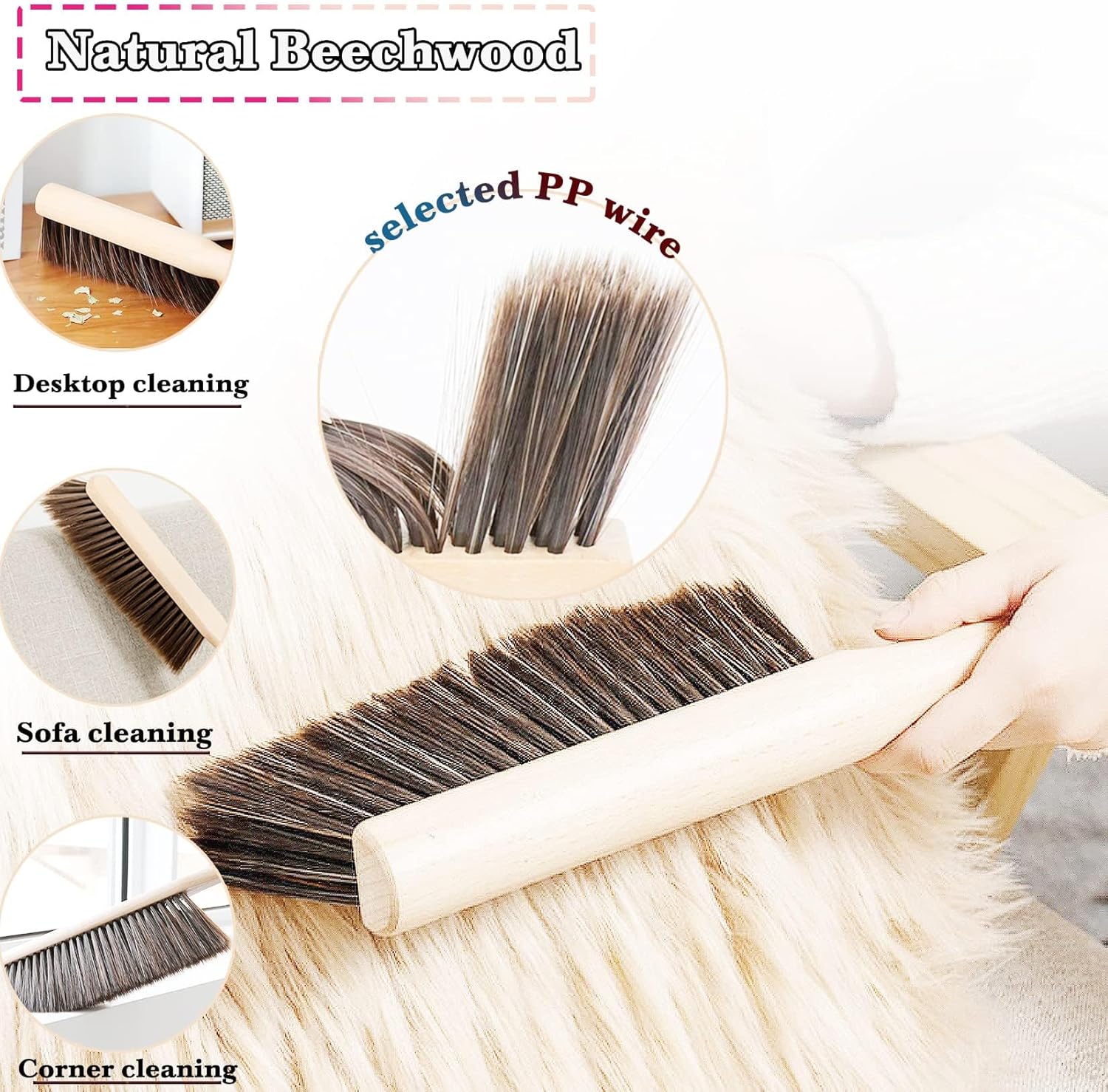 2Pcs Hand Broom Brush Set – Soft Bristles Dusting Brush for Cleaning Counter, Bed, Sofa, Furniture, Woodworking, Car – 12-inch Foxtail Bench Brush with Round Handle, Beech Wood (5 Rows) - Image 4