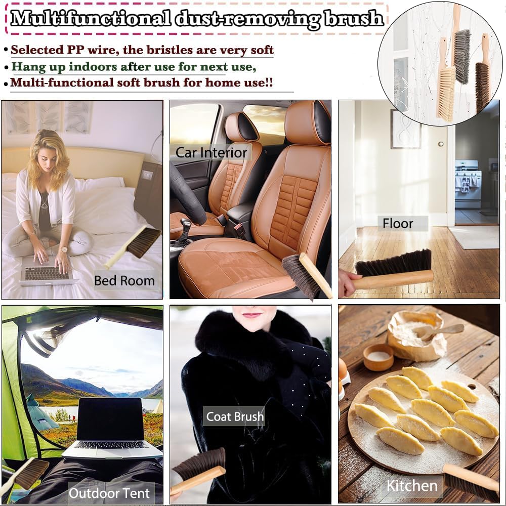 2Pcs Hand Broom Brush Set – Soft Bristles Dusting Brush for Cleaning Counter, Bed, Sofa, Furniture, Woodworking, Car – 12-inch Foxtail Bench Brush with Round Handle, Beech Wood (5 Rows) - Image 6