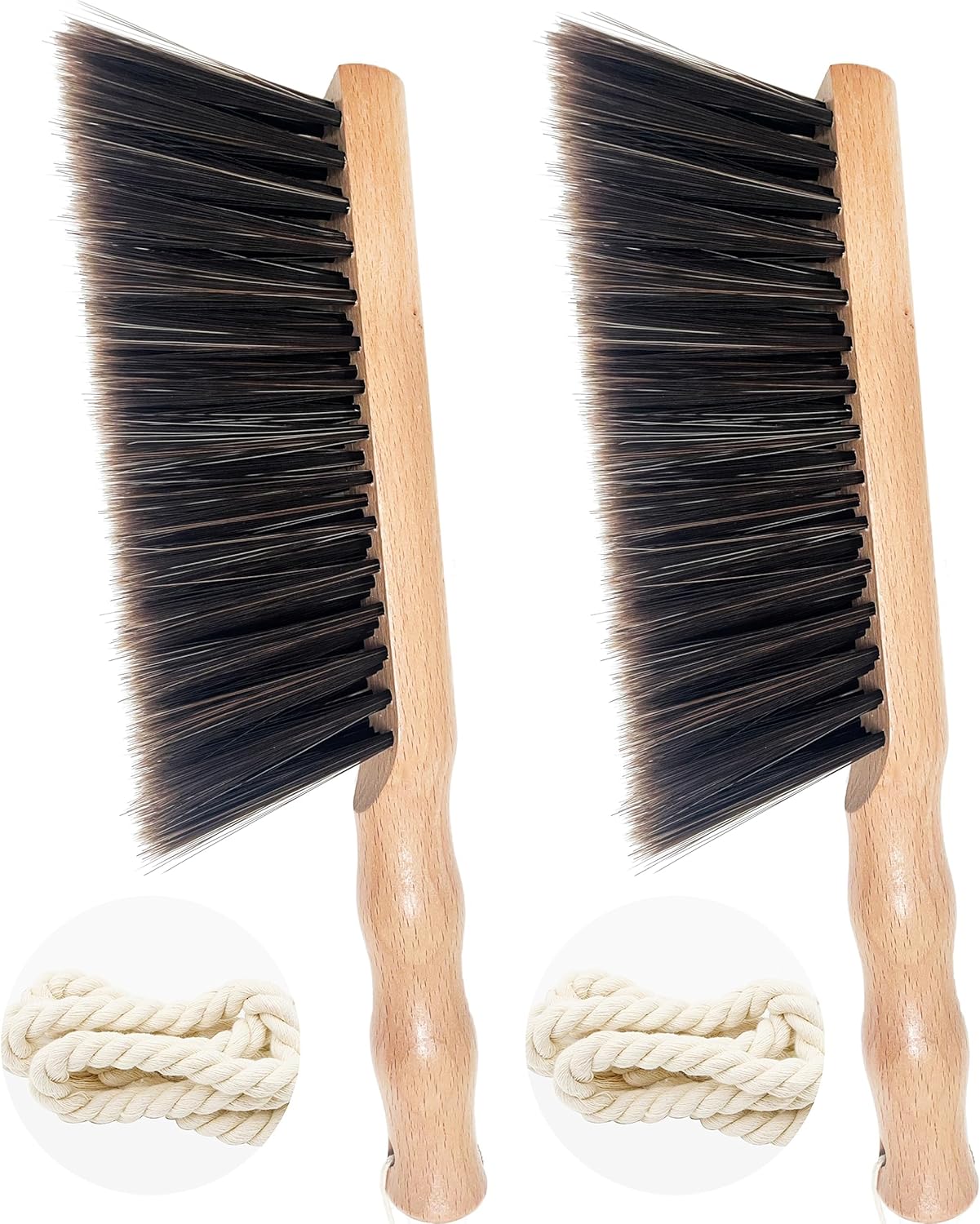 2Pcs Hand Broom Brush Set – Soft Bristles Dusting Brush for Cleaning Counter, Bed, Sofa, Furniture, Woodworking, Car – 12-inch Foxtail Bench Brush with Round Handle, Beech Wood (5 Rows)